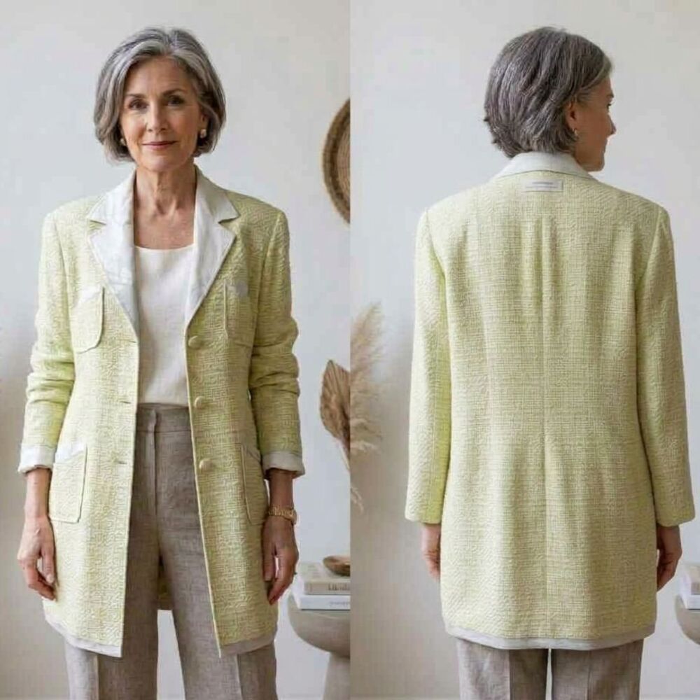 Vintage Y2K Tweed Long Blazer Duster Jacket 10 M Lime Green Work Office Silk Y2K